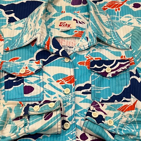 Toby Tanner Vintage 60s Abstract Belted Shirt Dress, Pockets, Blue Orange 10 - Picture 4 of 10